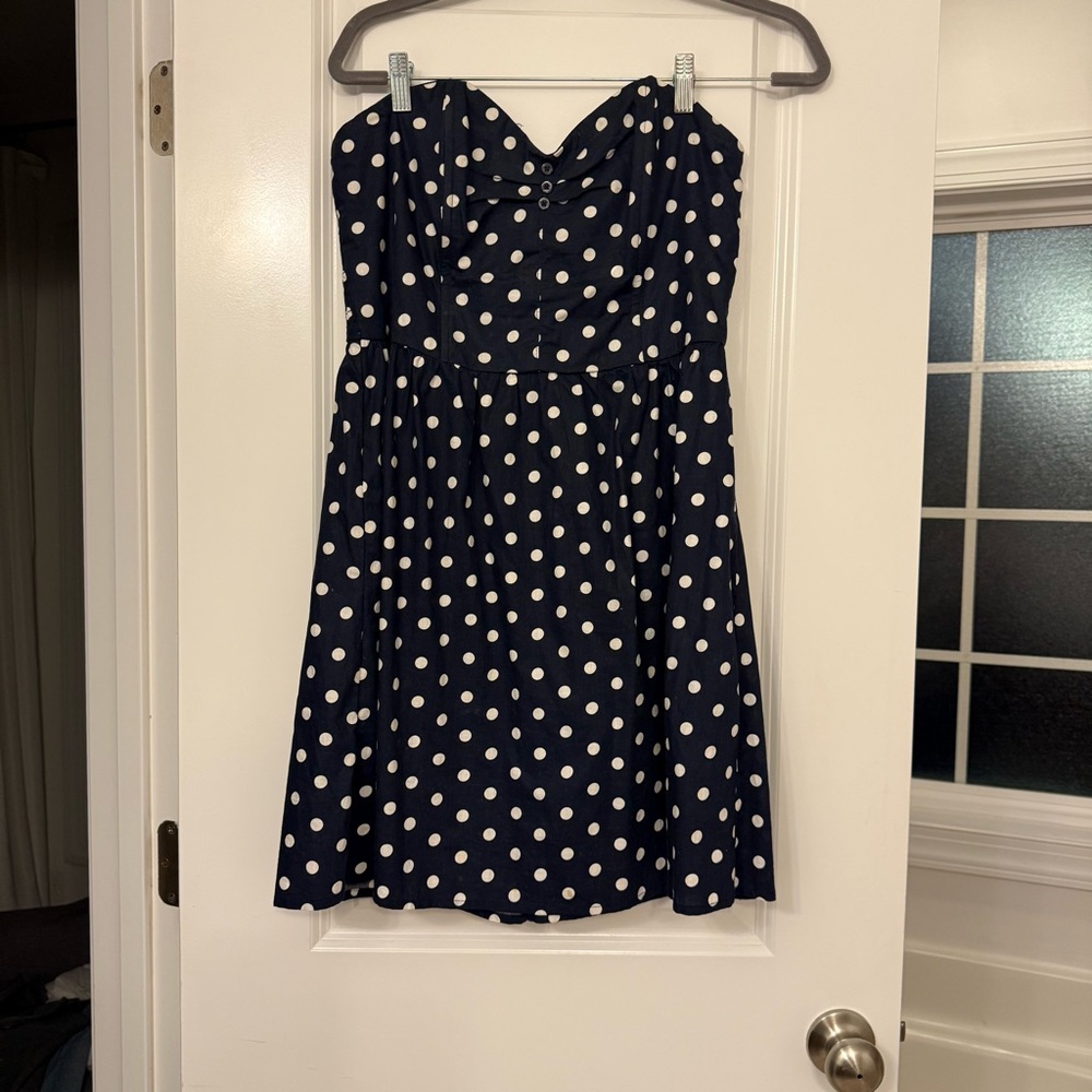 Navy Polka Dot Strapless Dress